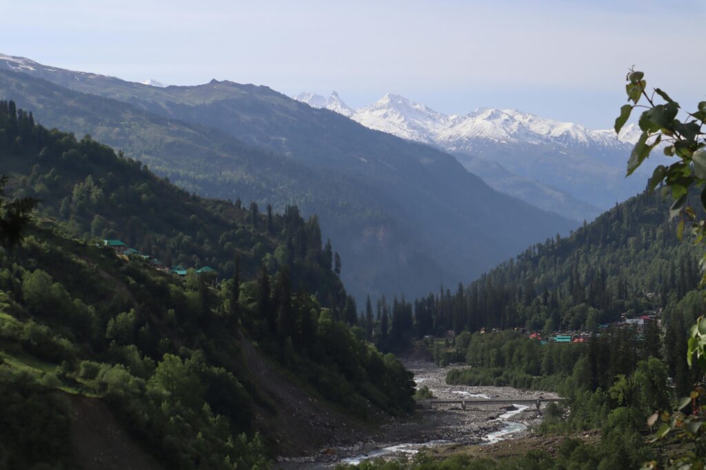 Beautiful mountain landscape with river in Manali, Himachal Pradesh.