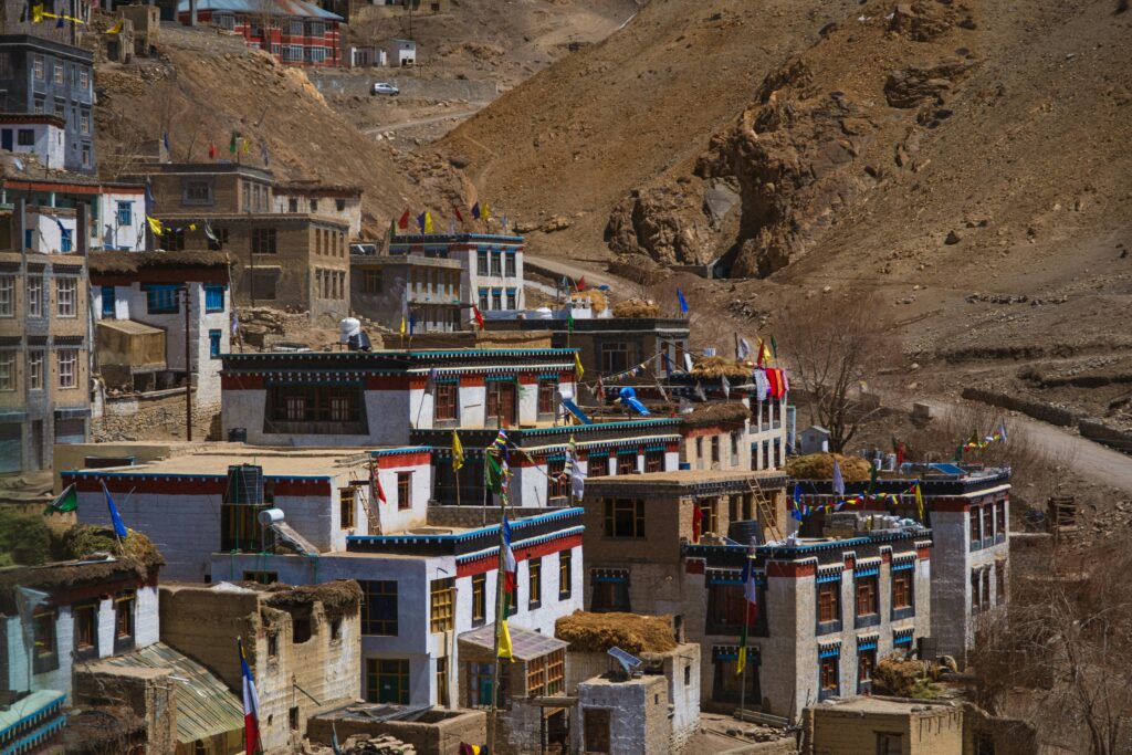 Picturesque Kibber Village with traditional Tibetan architecture in Spiti Valley, India.